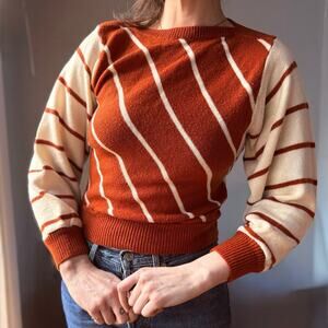 Vintage 70s Rust Stripe Knit Sweater | Burnt Orange Ski Lodge Pullover | M